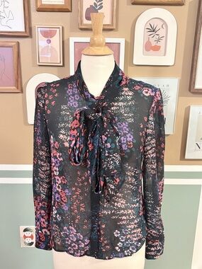Molly Bracken Sheer Black Floral Tie-Neck Blouse
